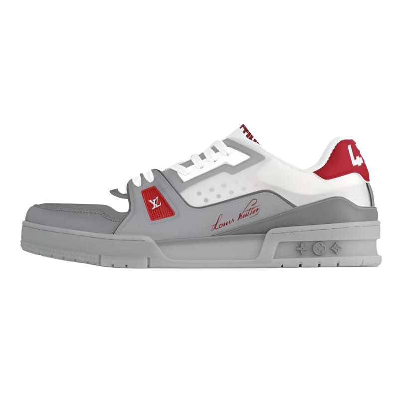 LOUIS VUITTON Trainer Unisex Grey & White Sneakers with Red Accents