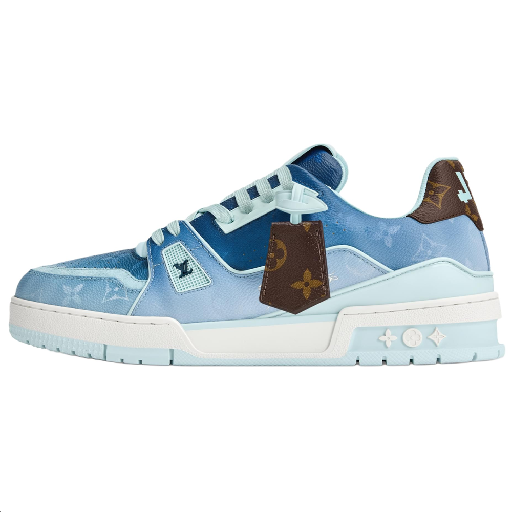 LOUIS VUITTON Trainer Unisex Blue Monogram Sneakers with Pouch Detail