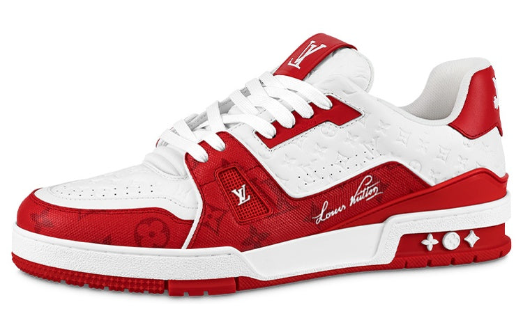 LOUIS VUITTON Trainer Unisex White & Red Monogram Leather Sneakers