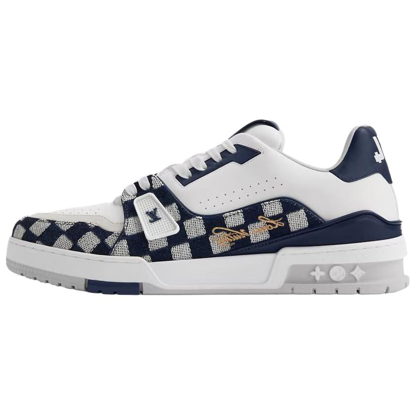 LOUIS VUITTON x Nigo Trainer Unisex White & Navy Checkered Sneakers