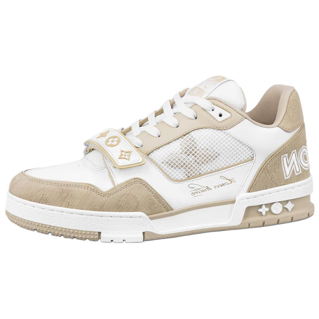 LOUIS VUITTON Trainer Men's Beige & White Leather Strap Sneakers