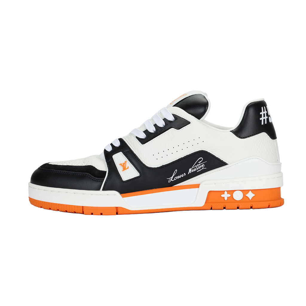 Louis Vuitton Trainer Men's Low-Top Leather Sneakers, Black & White with Orange Sole