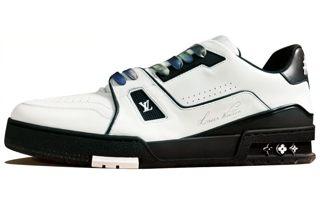 LOUIS VUITTON Trainer Men's White Leather Sneakers with Black Sole