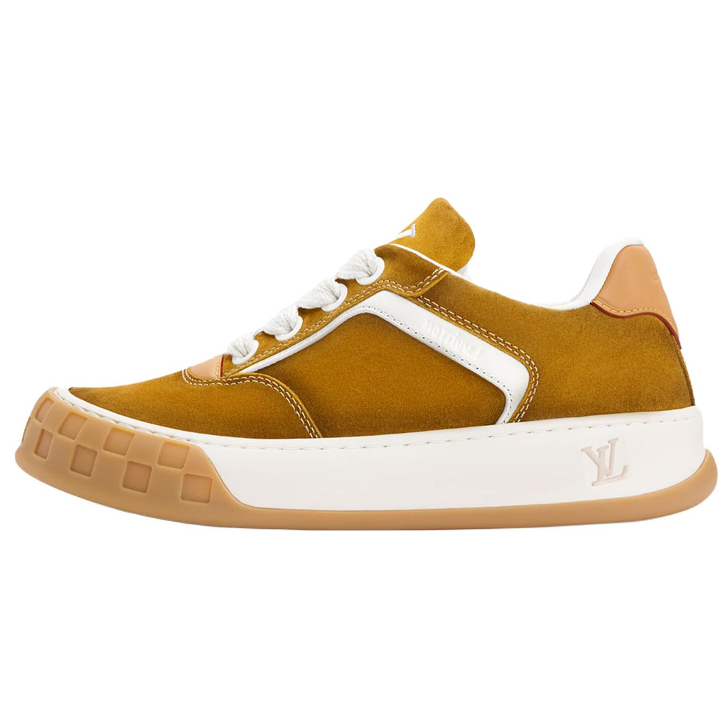 Louis Vuitton Tilted Unisex Ochre Suede Calfskin Sneakers with Gum Sole