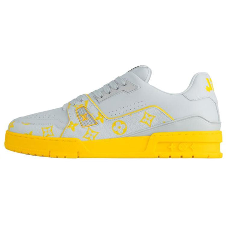 LOUIS VUITTON Trainer Men's Light Grey & Yellow Monogram Leather Sneakers