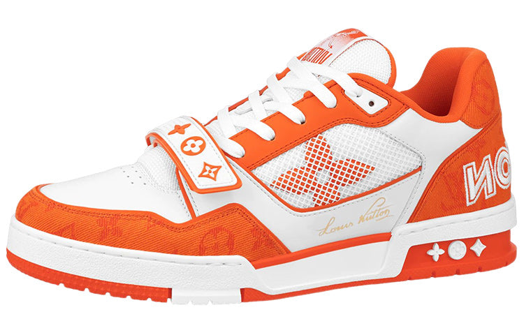 LOUIS VUITTON Trainer Men's White & Orange Monogram Strap Sneakers