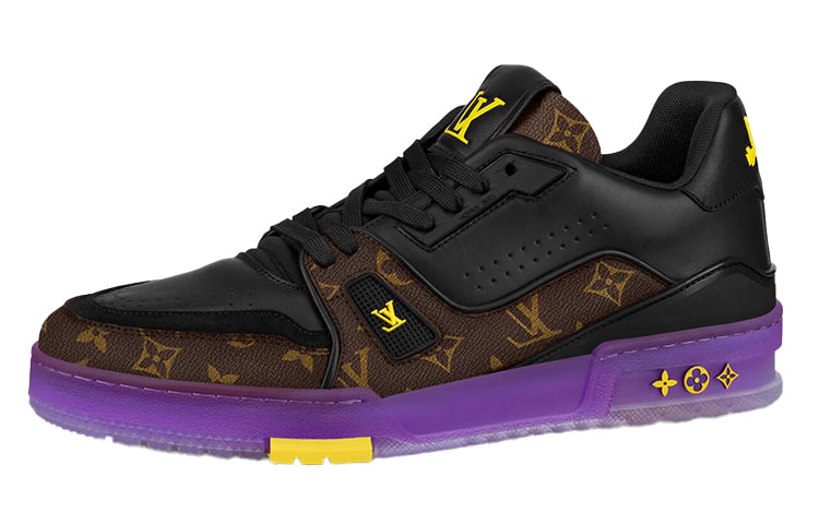 LOUIS VUITTON Trainer Men's Black & Brown Monogram Sneakers with Purple Sole