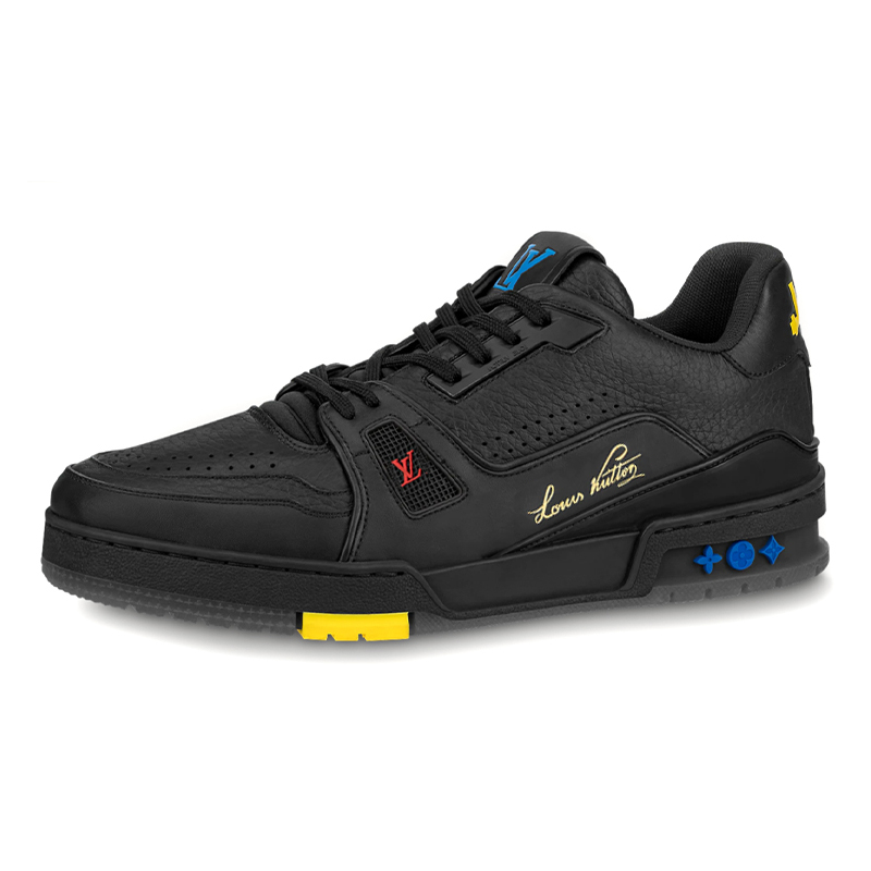 LOUIS VUITTON Trainer Men's Black Leather Sneakers with Multicolor Accents