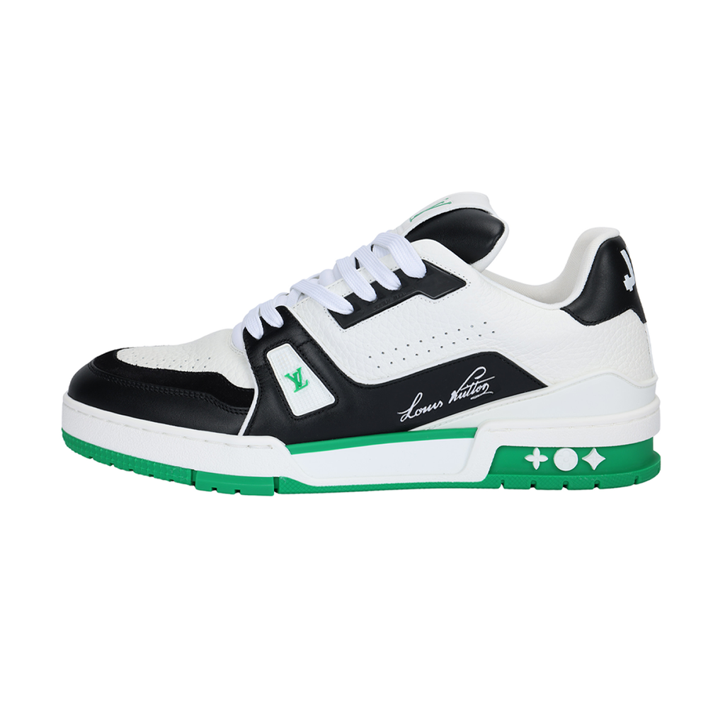 Louis Vuitton Trainer Men's Low-Top Leather Sneakers, Black & White with Green Sole