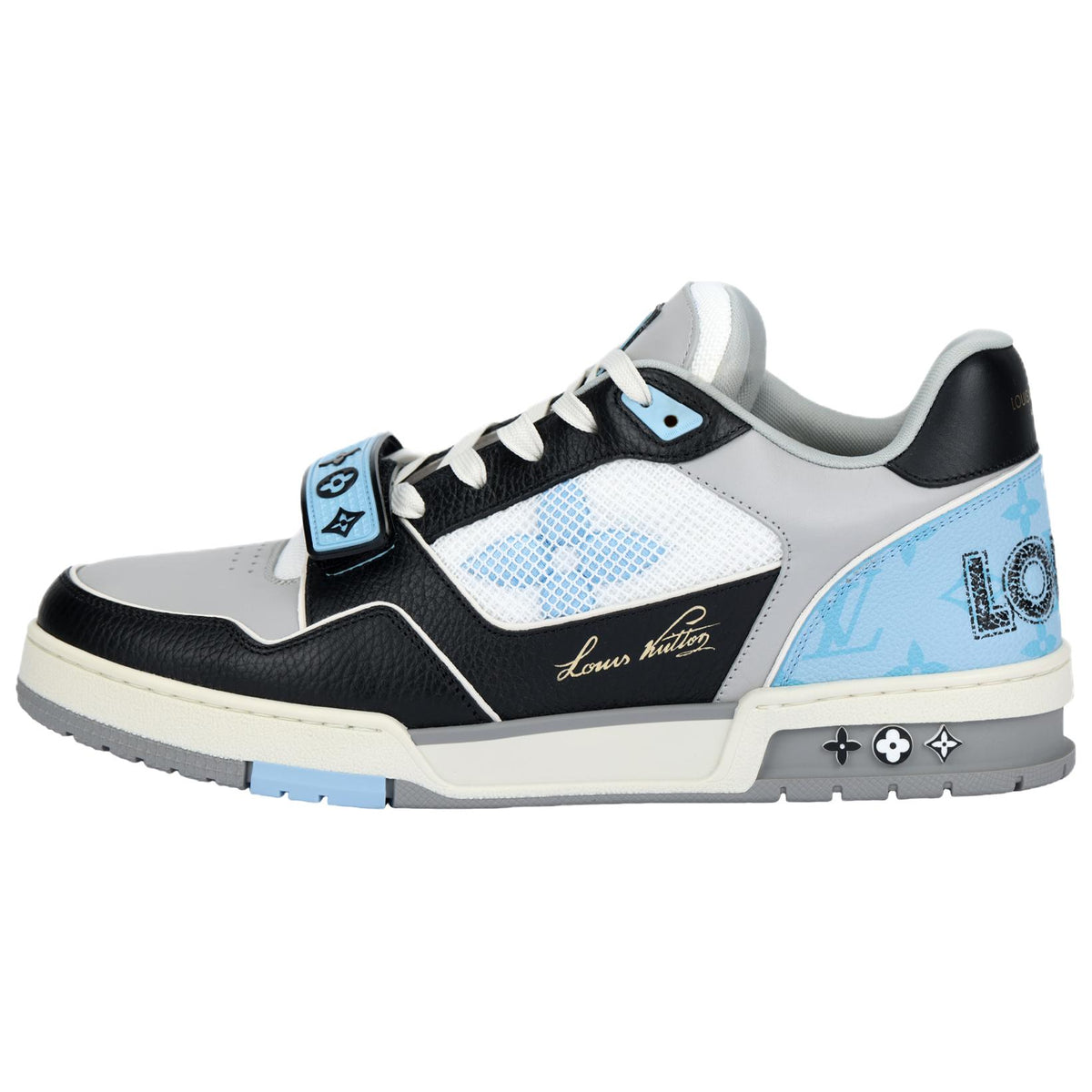 LOUIS VUITTON Trainer Men's Black & Grey Sneakers with Light Blue Accents