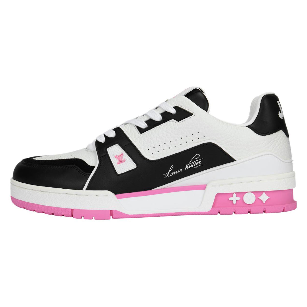 LOUIS VUITTON Trainer Women's Black & White Leather Sneakers with Pink Sole