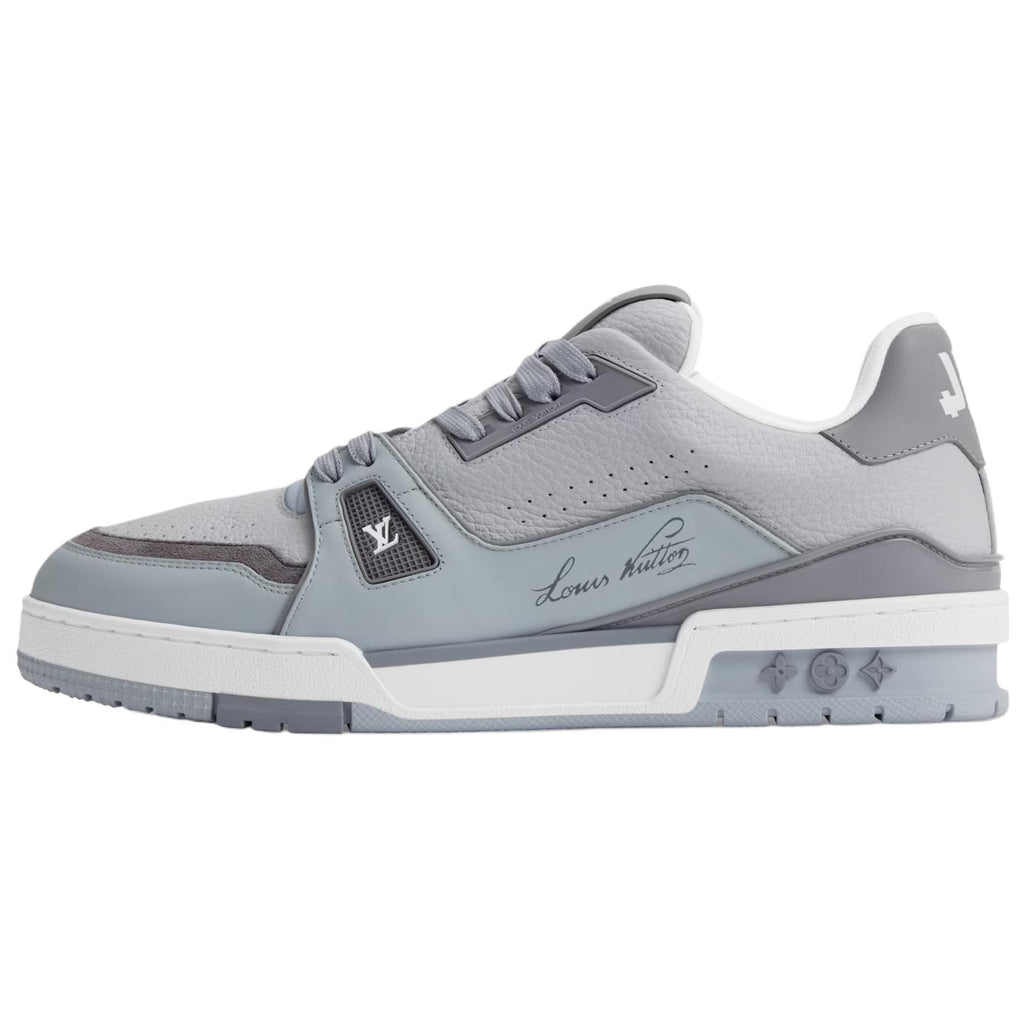 LV Trainer Men's Low-Top Sneakers, Gray Grained Leather