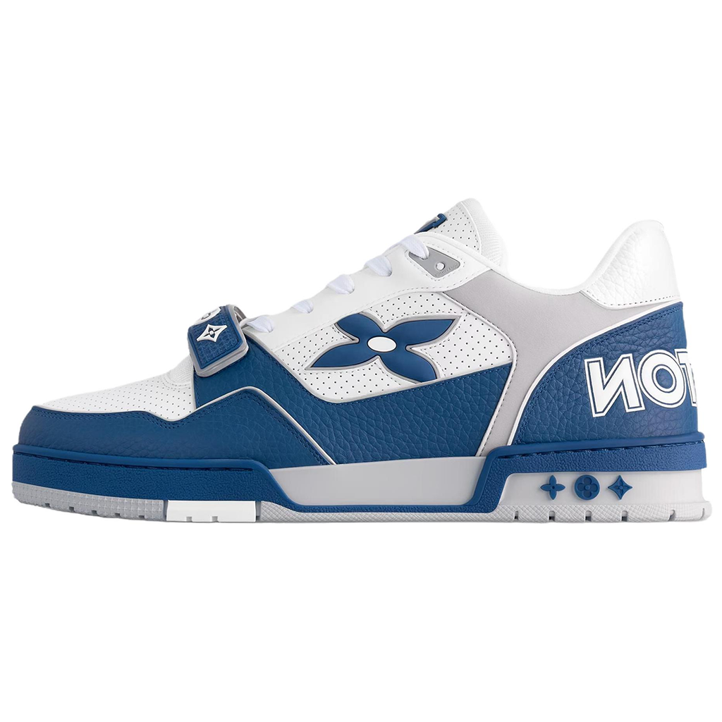 Louis Vuitton Trainer Men's Blue & White Calfskin Sneakers with Floral Motif