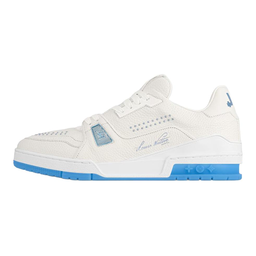 Louis Vuitton Trainer Men's White & Blue Grained Calfskin Sneakers