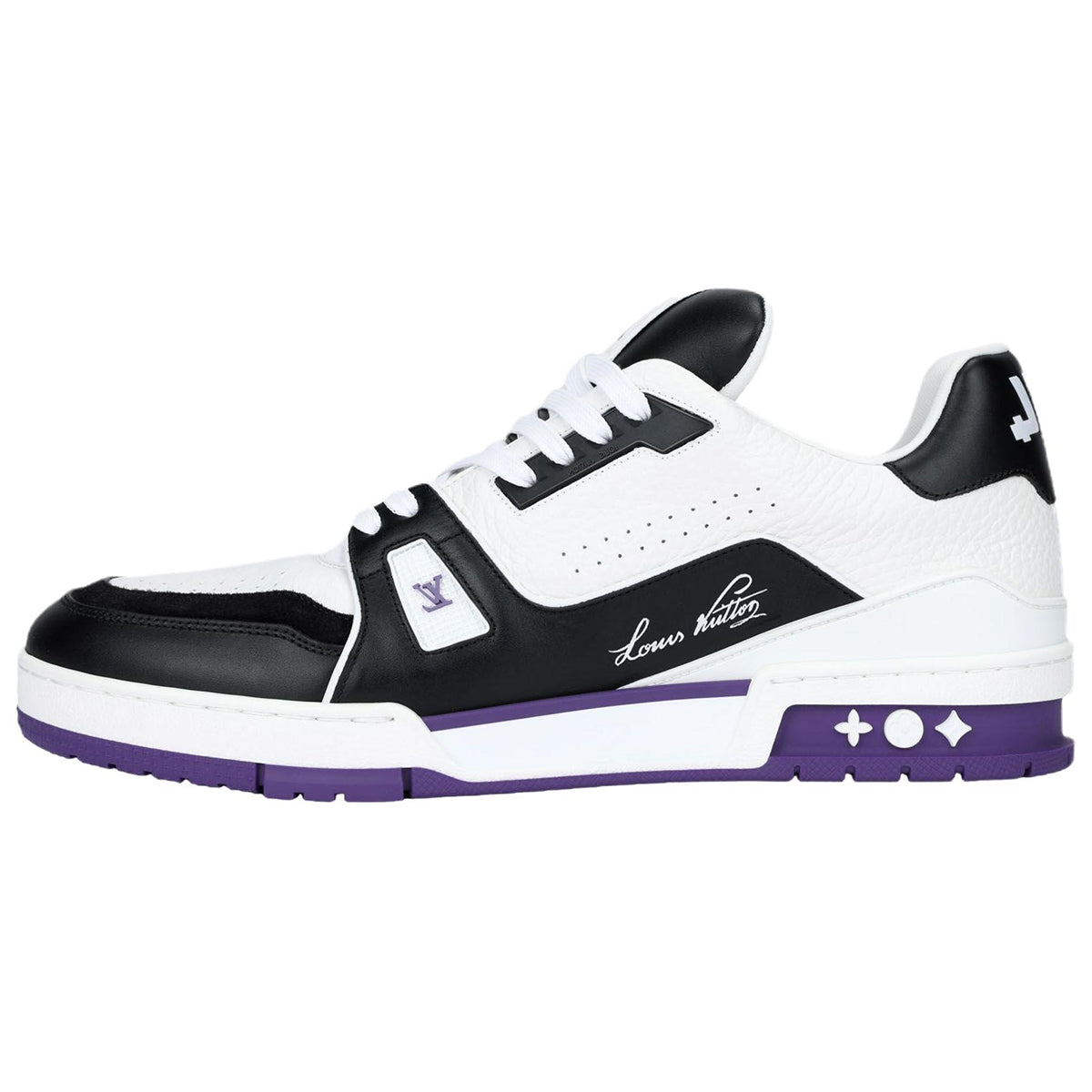Louis Vuitton Trainer Men's Low-Top Leather Sneakers, Black & White with Purple Sole
