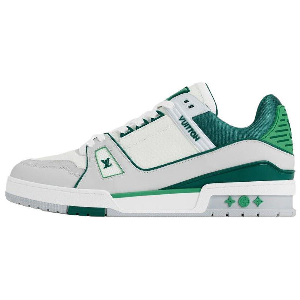 Louis Vuitton Trainer Men's White & Green Grained Calfskin Sneakers