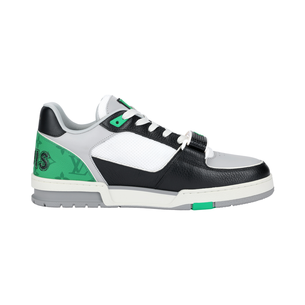 LOUIS VUITTON Trainer Men's Black & Grey Strap Sneakers with Green Accents