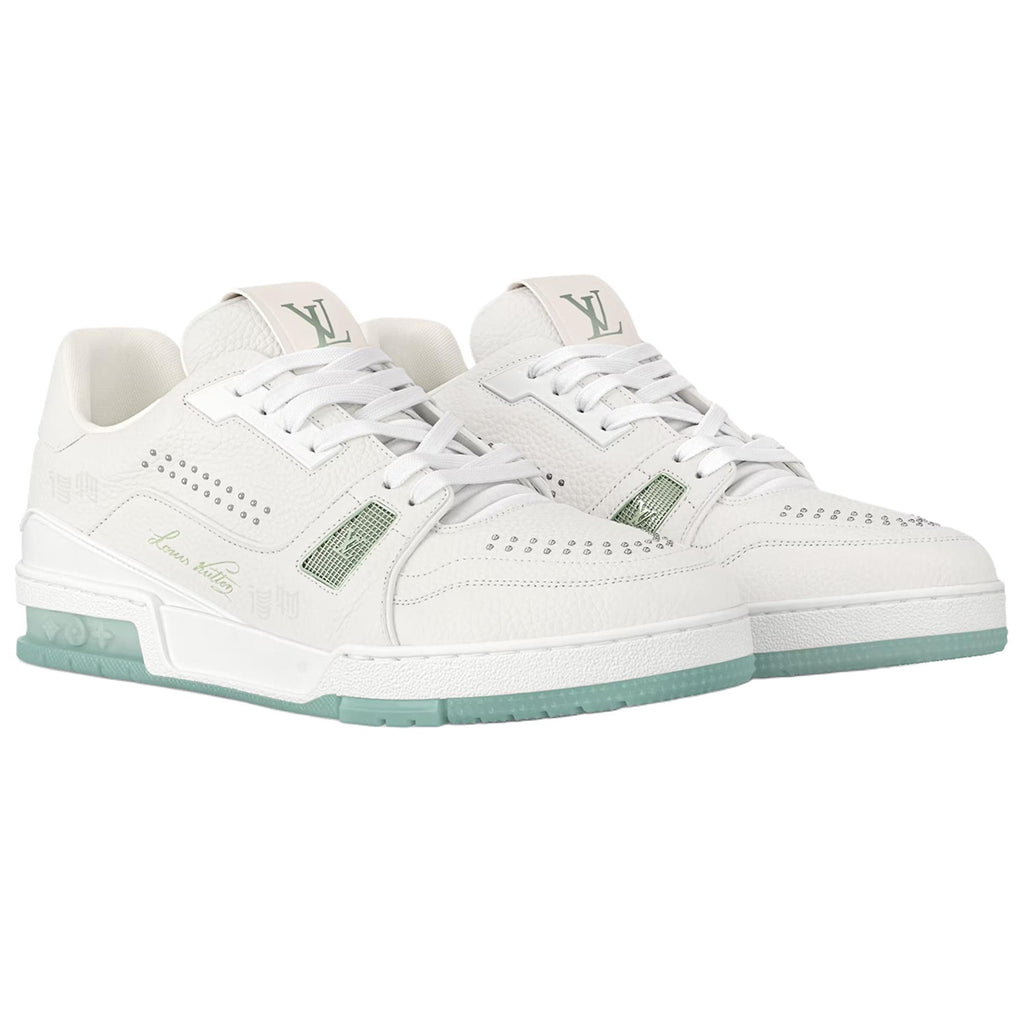 Louis Vuitton Trainer Men's White & Mint Green Grained Calfskin Sneakers