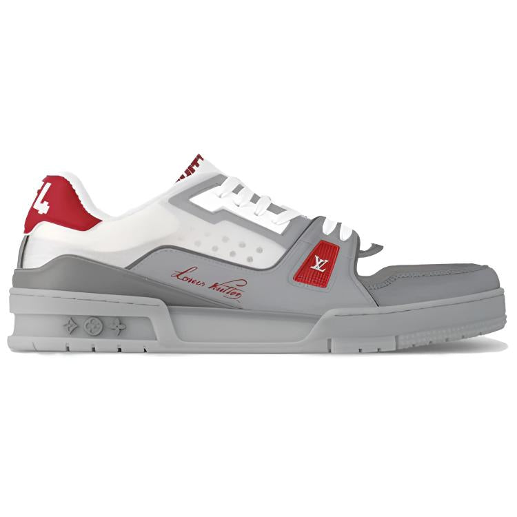 LOUIS VUITTON Trainer Unisex Grey & White Sneakers with Red Accents