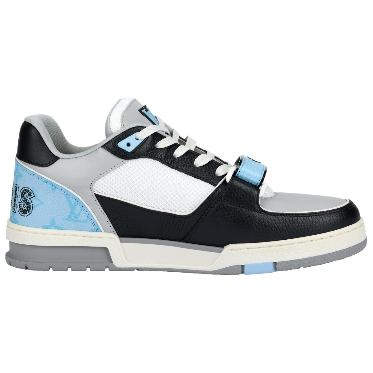 LOUIS VUITTON Trainer Men's Black & Grey Leather Sneakers with Light Blue Accents