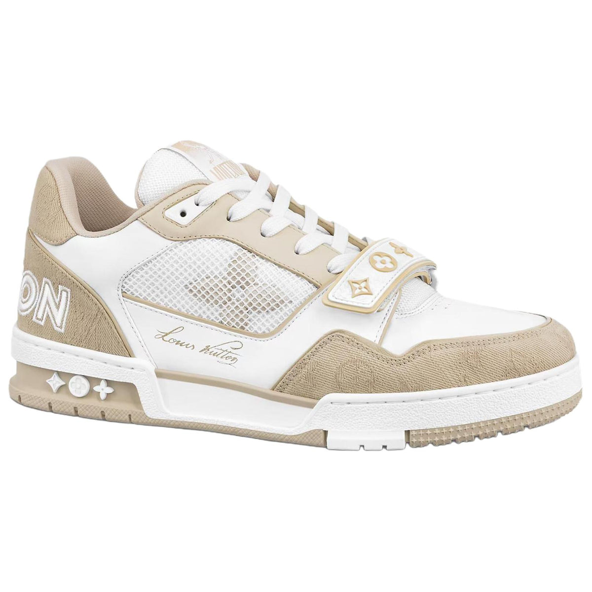 LOUIS VUITTON Trainer Men's Beige & White Leather Strap Sneakers