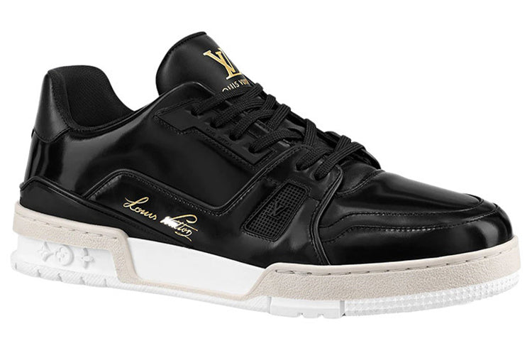 LOUIS VUITTON Trainer Men's Black Leather Sneakers with Cream & White Sole