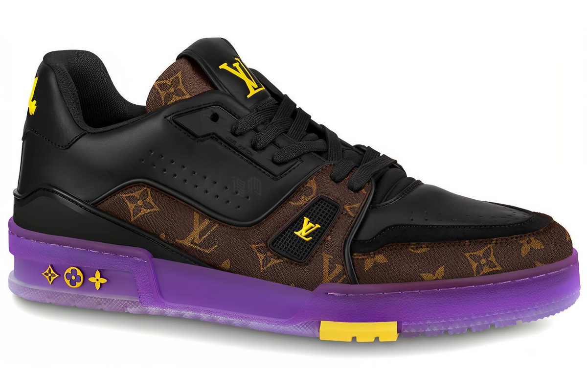 LOUIS VUITTON Trainer Men's Black & Brown Monogram Sneakers with Purple Sole