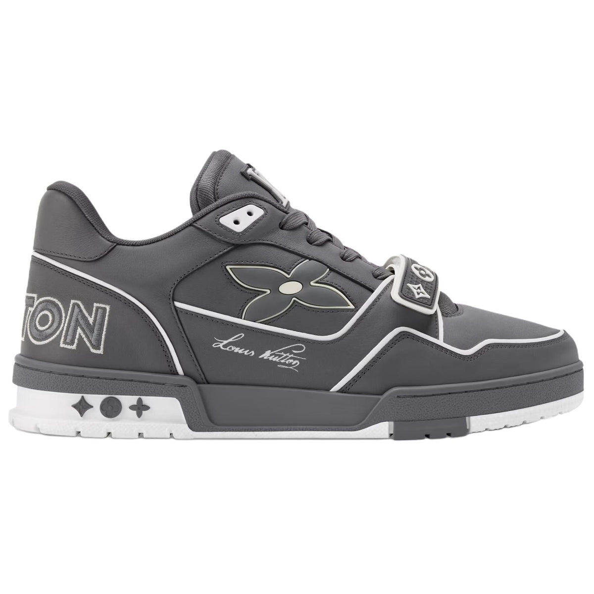LOUIS VUITTON Trainer Men's Grey Calfskin Strap Sneakers