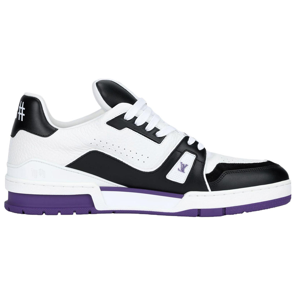 Louis Vuitton Trainer Men's Low-Top Leather Sneakers, Black & White with Purple Sole