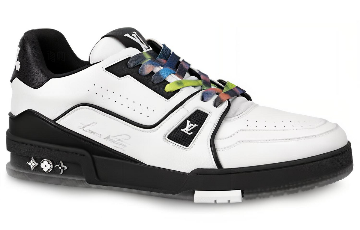 LOUIS VUITTON Trainer Men's White Leather Sneakers with Black Sole