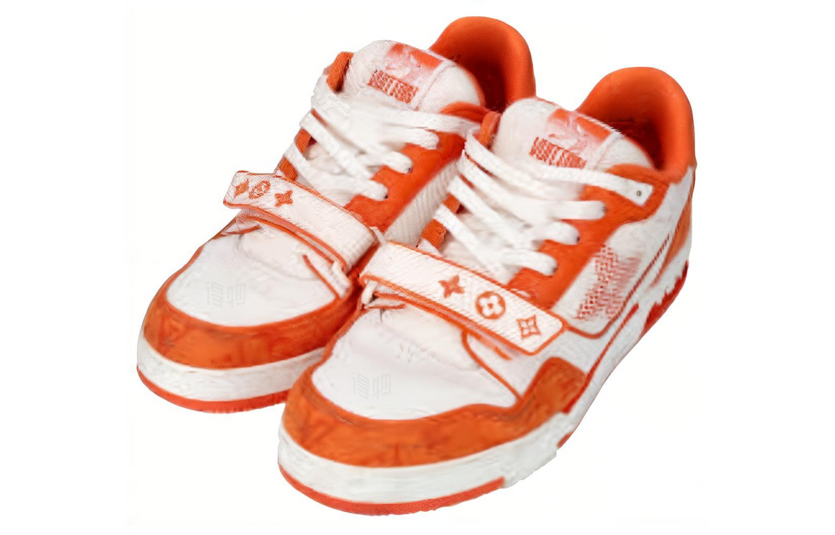 LOUIS VUITTON Trainer Men's White & Orange Monogram Strap Sneakers