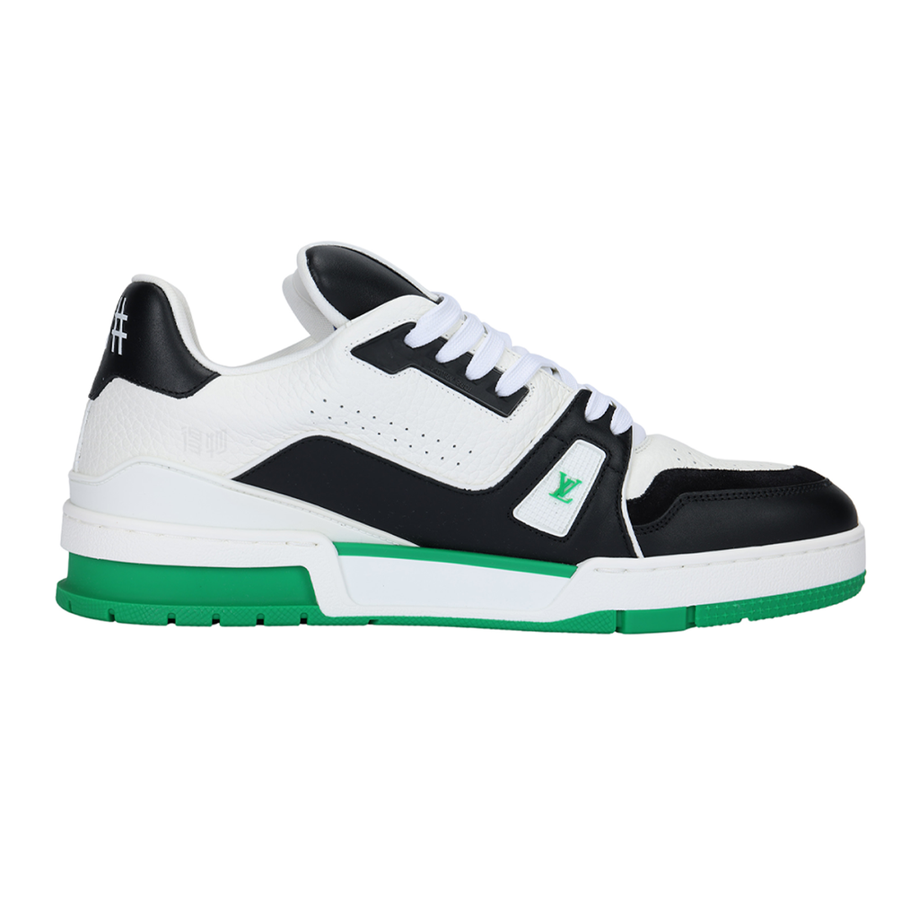 Louis Vuitton Trainer Men's Low-Top Leather Sneakers, Black & White with Green Sole