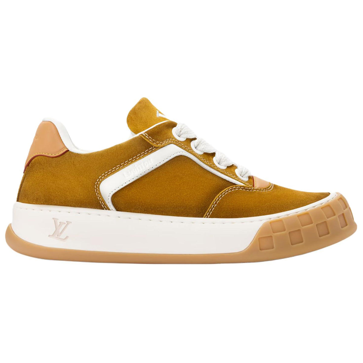 Louis Vuitton Tilted Unisex Ochre Suede Calfskin Sneakers with Gum Sole