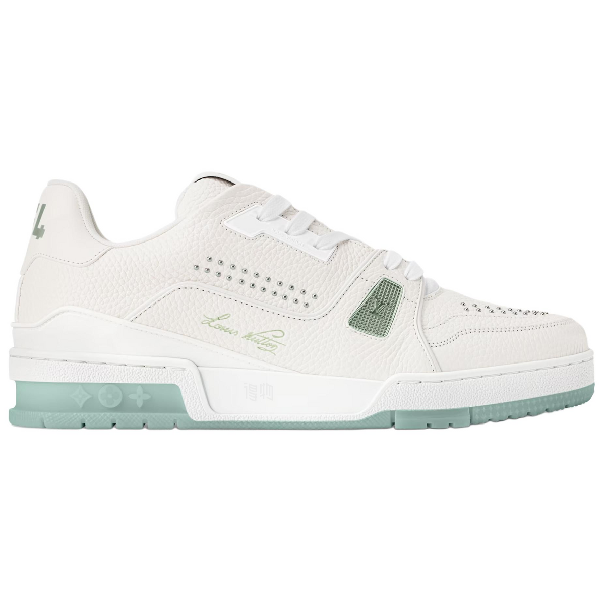 LOUIS VUITTON Trainer Women's White Leather Sneakers with Mint Green Sole