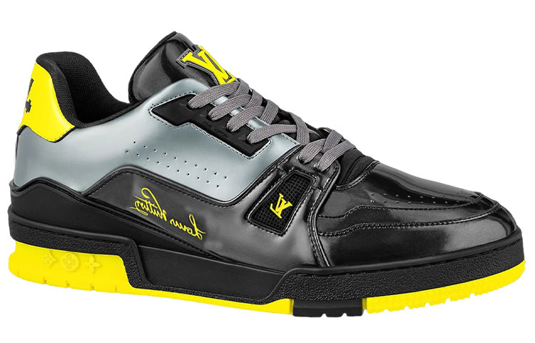 LOUIS VUITTON Trainer Men's Black & Grey Sneakers with Yellow Accents