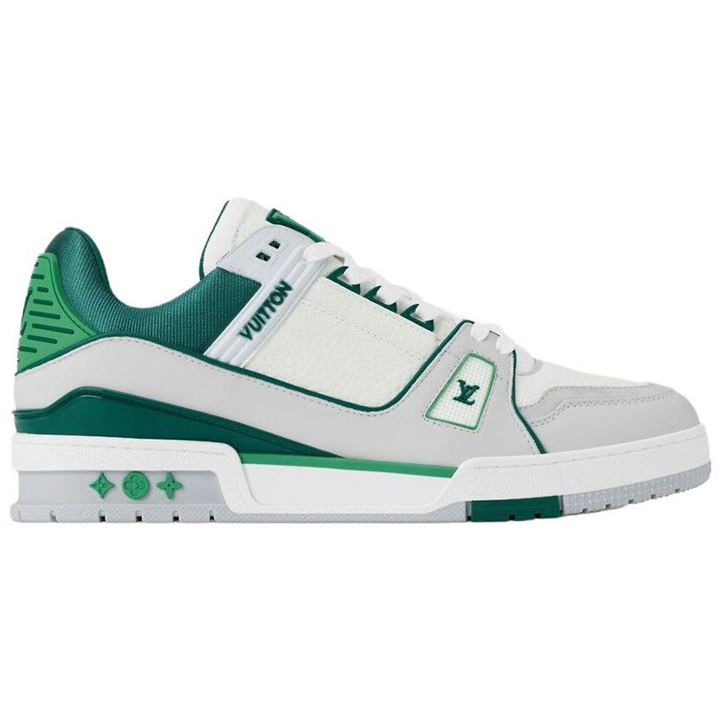 Louis Vuitton Trainer Men's White & Green Grained Calfskin Sneakers