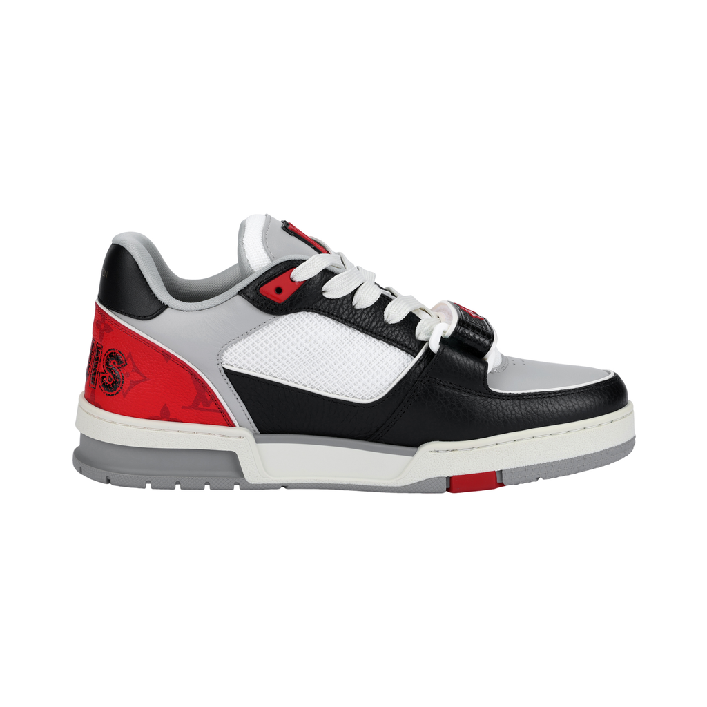 LOUIS VUITTON Trainer Men's Black & Grey Strap Sneakers with Red Accents