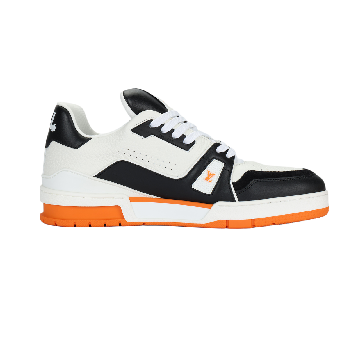 LOUIS VUITTON Trainer Men's Black & White Leather Sneakers with Orange Sole