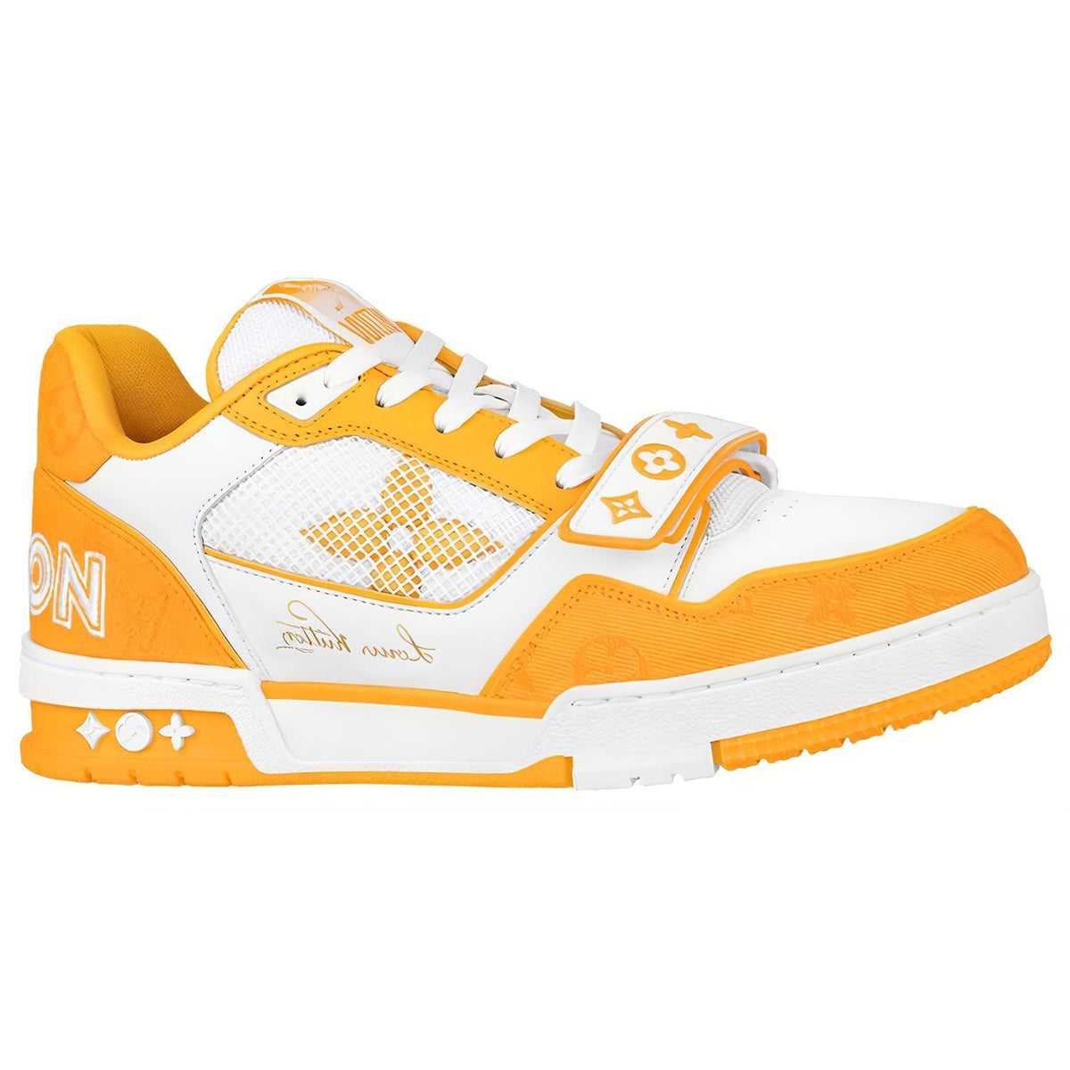 Louis Vuitton Trainer Low-Top Leather Sneakers, White & Orange