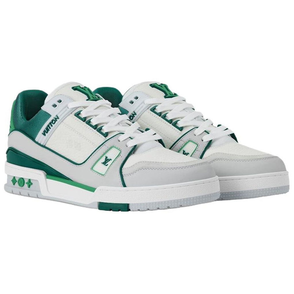Louis Vuitton Trainer Men's White & Green Grained Calfskin Sneakers
