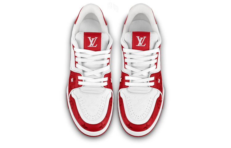 LOUIS VUITTON Trainer Unisex White & Red Monogram Leather Sneakers