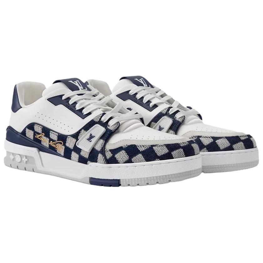 LOUIS VUITTON x Nigo Trainer Unisex White & Navy Checkered Sneakers