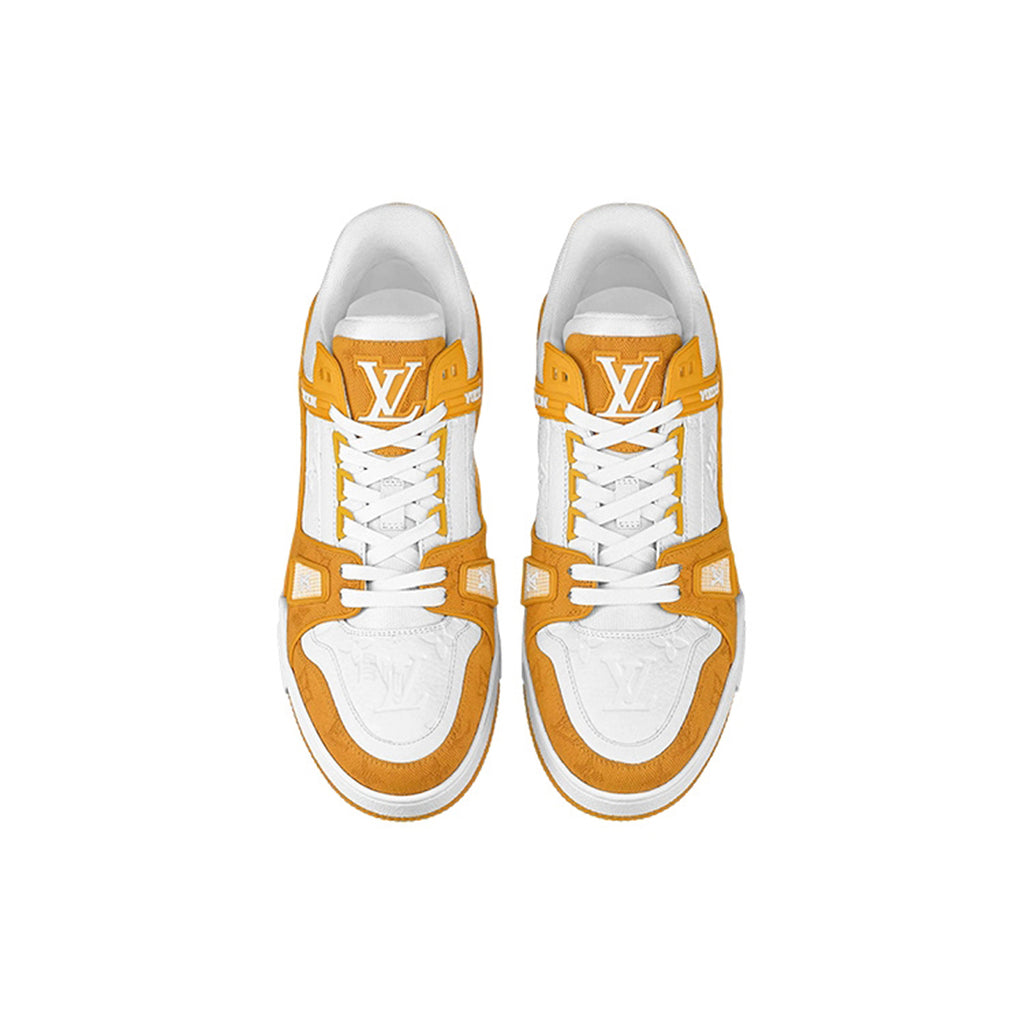 LV Trainer Men's Low-Top Sneakers, Orange & White Leather-Denim
