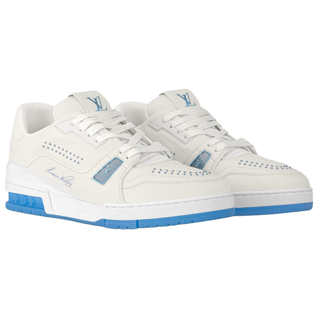 Louis Vuitton Trainer Men's White & Blue Grained Calfskin Sneakers
