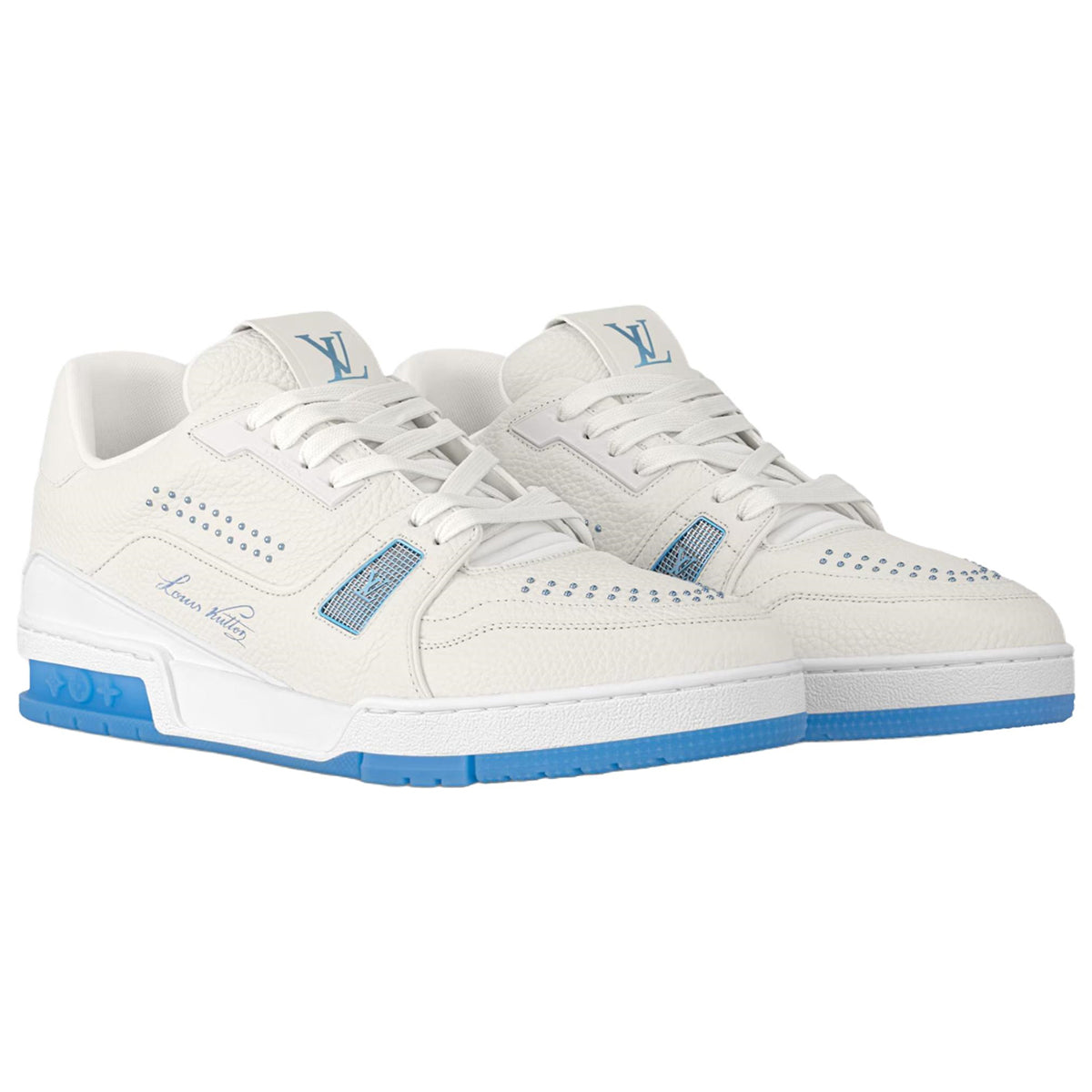 Louis Vuitton Trainer Men's White & Blue Grained Calfskin Sneakers
