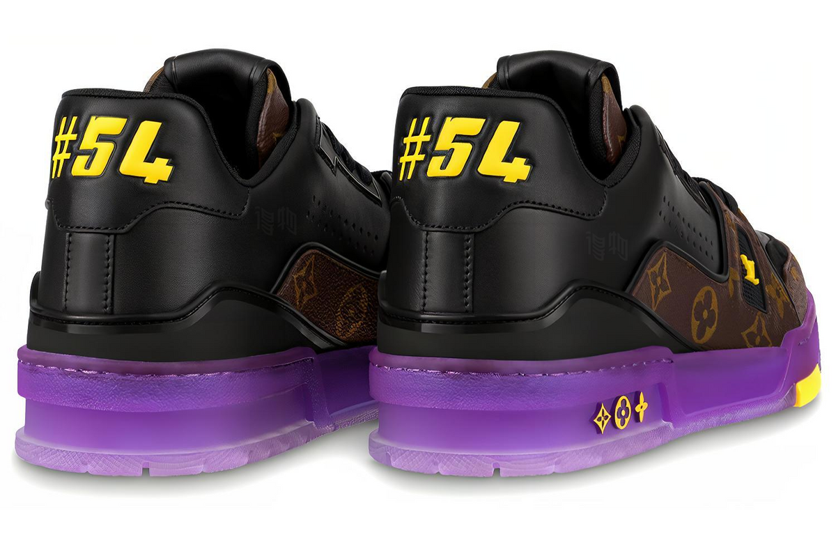 LOUIS VUITTON Trainer Men's Black & Brown Monogram Sneakers with Purple Sole