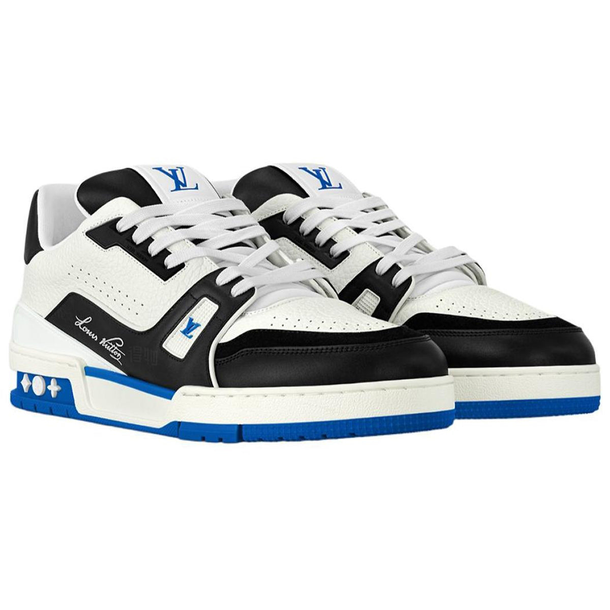 Louis Vuitton Trainer Men's Low-Top Leather Sneakers, White, Black & Blue