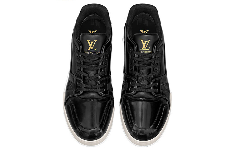 LOUIS VUITTON Trainer Men's Black Leather Sneakers with Cream & White Sole