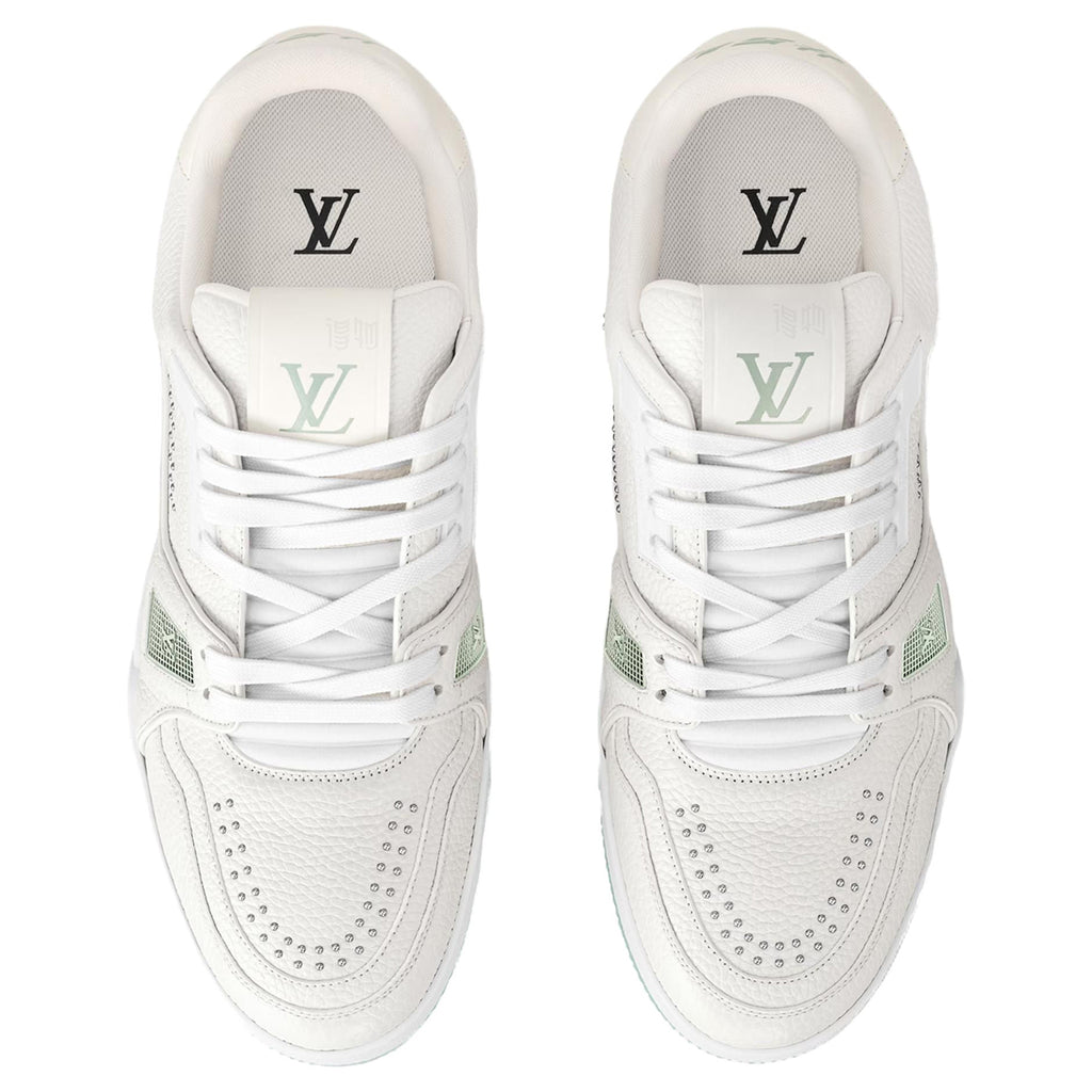 Louis Vuitton Trainer Men's White & Mint Green Grained Calfskin Sneakers