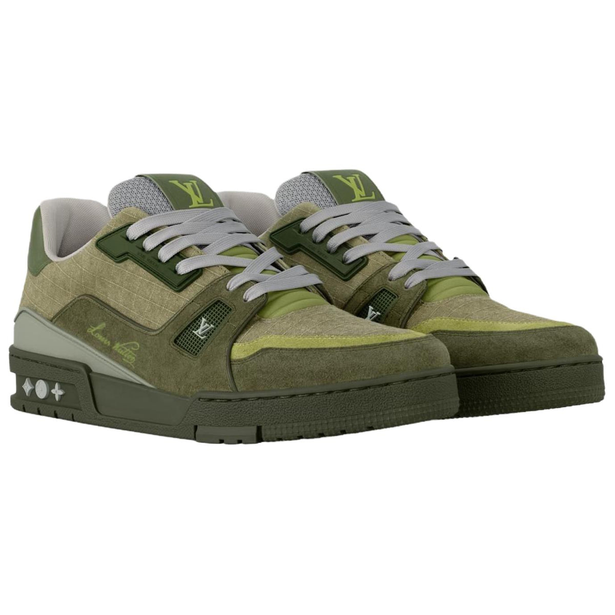 LOUIS VUITTON Trainer Men's Olive Green & Beige Low-Top Sneakers